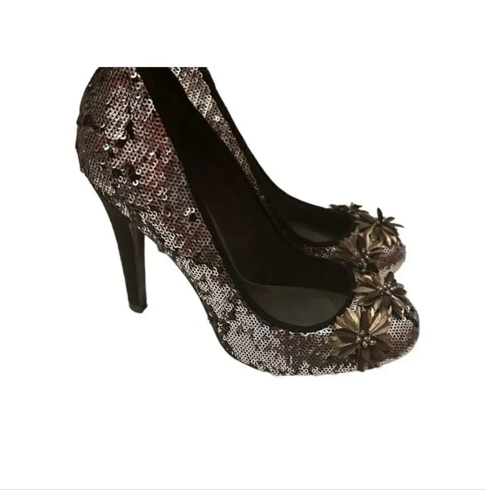 Tory Burch Sequin Embellished Pump Heels Silver Gold Metallic Evening Glam 7.5